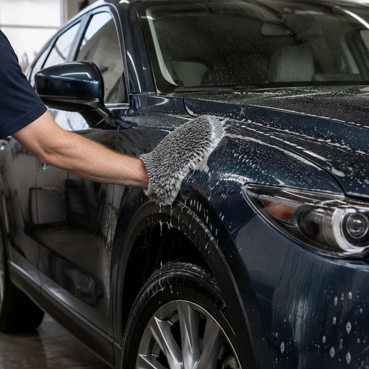 Illustrative photo of a modern blue crossover being carefully hand-washed with a microfibre mitt