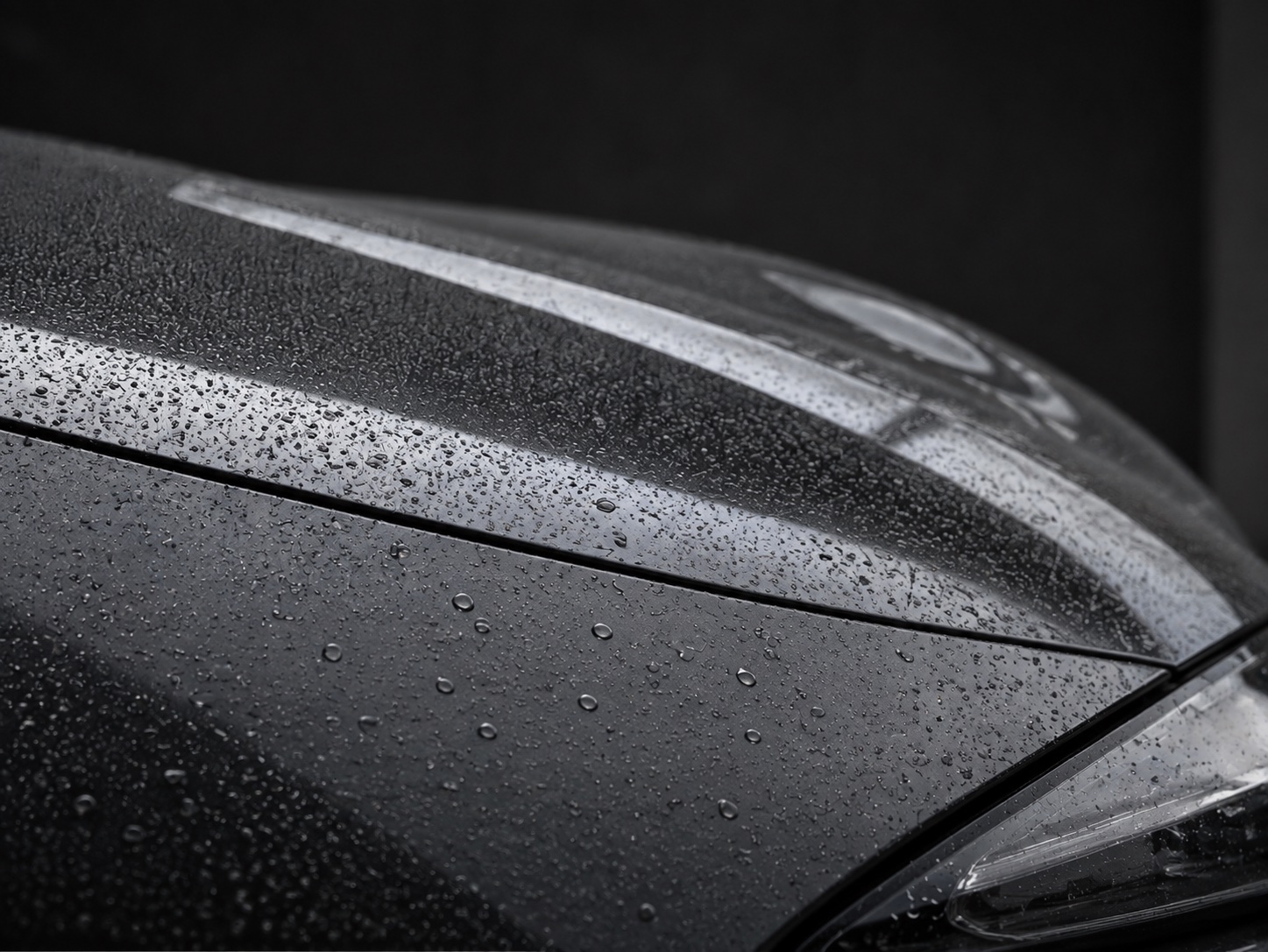 Illustrative close-up of water beading on graphite automotive paint